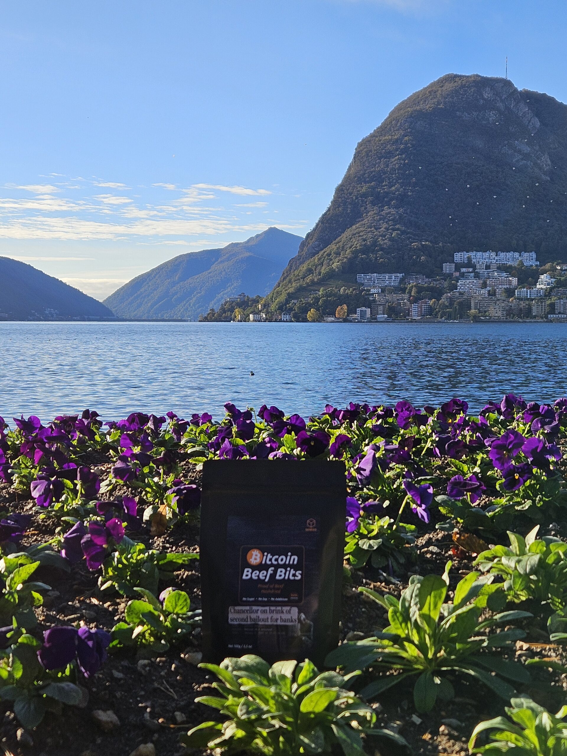Bitcoin Beef Bits bag in front of Lake Lugano.