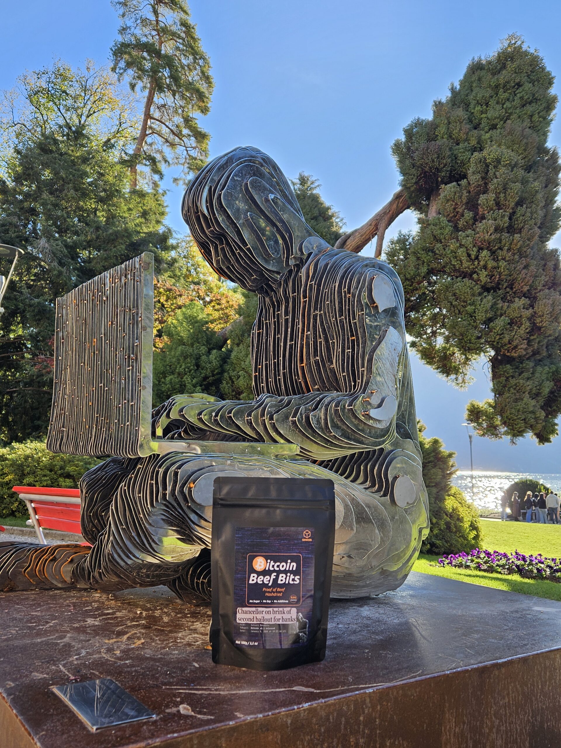 Bitcoin Beef Bits at the Satoshi statue in Lugano