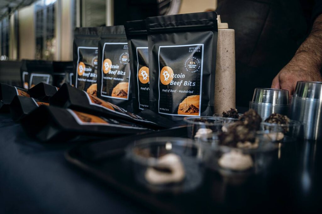 Bitcoin Beef Bits premium beef snacks packaging, pure beef and salt, no sugar or additives.