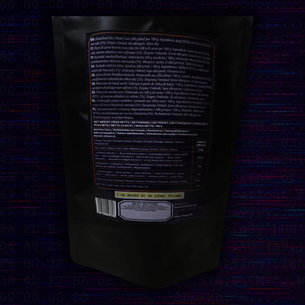 Back of Bitcoin Beef Bits GENESIS Edition premium beef snack package