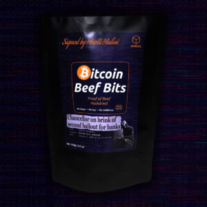 Bitcoin Beef Bits GENESIS Edition signed by Martti Malmi – premium dried beef snack front view