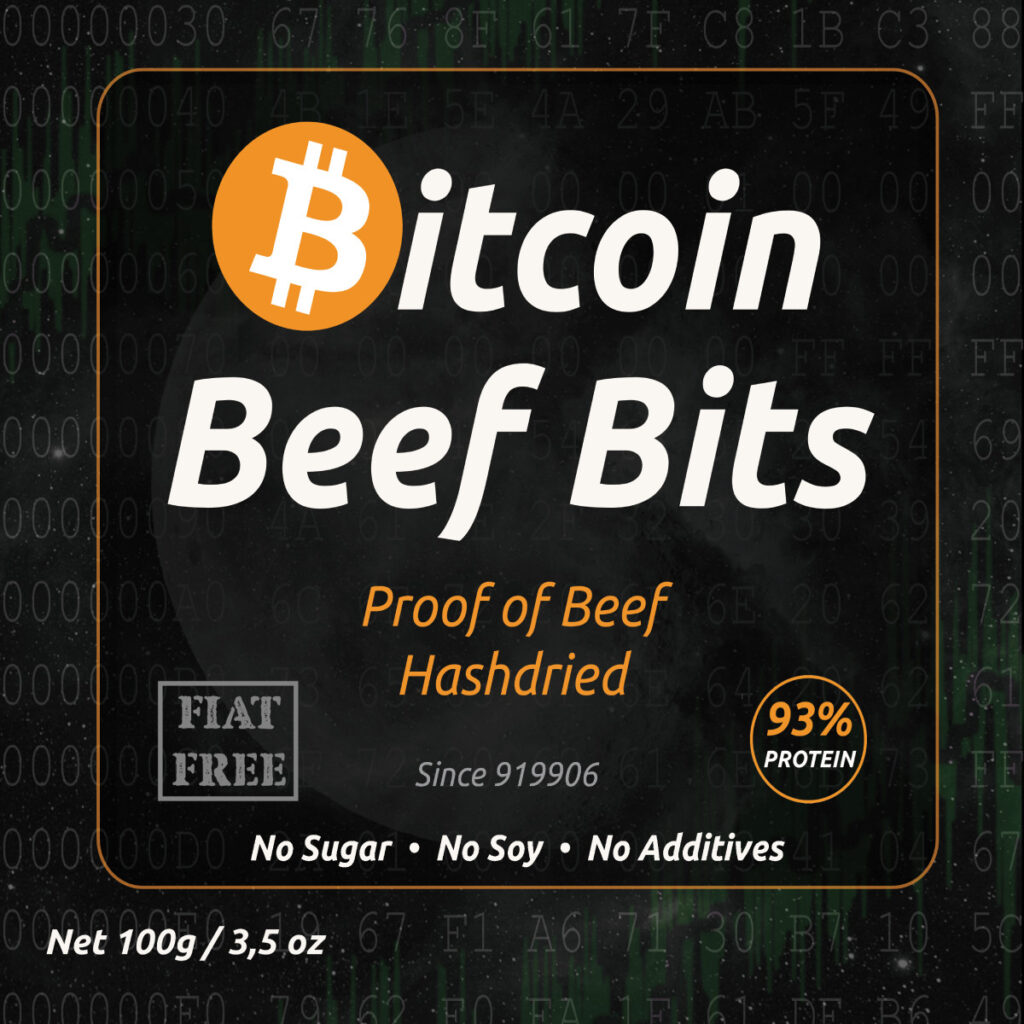 Front view of Bitcoin Beef Bits bag. A premium hash-dried beef snack made with Bitcoin miner heat.