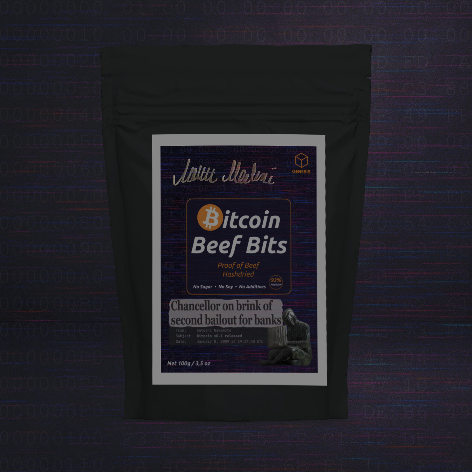 Bitcoin Beef Bits GENESIS Edition signed by Martti Malmi – premium dried beef snack front view