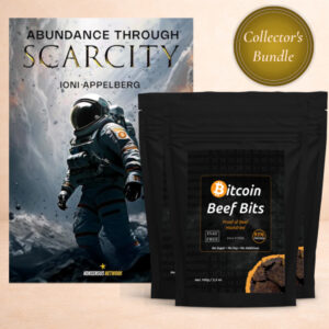 Collector's Bundle: Abundance Through Scarcity foiled hardback book and three Bitcoin Beef Bits bags.