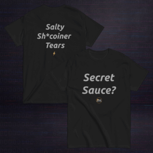 “Secret Sauce?” T-shirt — front and back view of Bitcoin Beef Bits merch