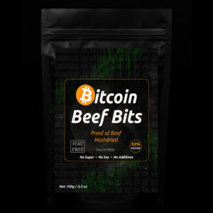 Front view of Bitcoin Beef Bits bag. A premium hash-dried beef snack made with Bitcoin miner heat.