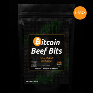 Front view of Bitcoin Beef Bits bag. A premium hash-dried beef snack made with Bitcoin miner heat.