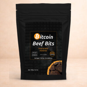 Front view of Bitcoin Beef Bits bag. A premium hash-dried beef snack made with Bitcoin miner heat.