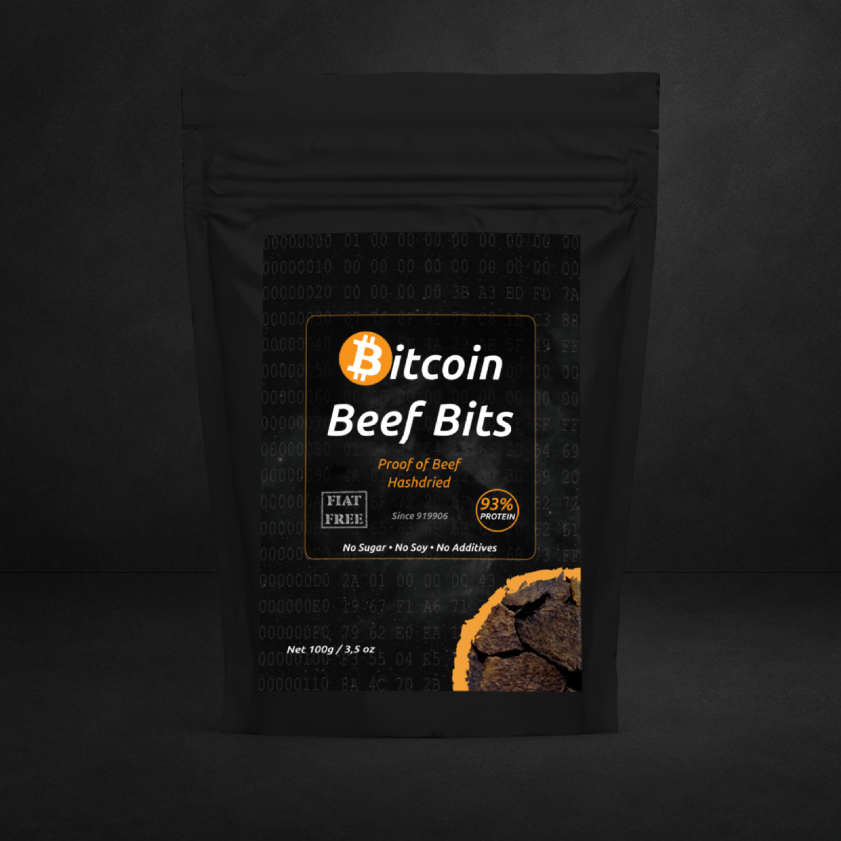 Front view of Bitcoin Beef Bits bag. A premium hash-dried beef snack made with Bitcoin miner heat.