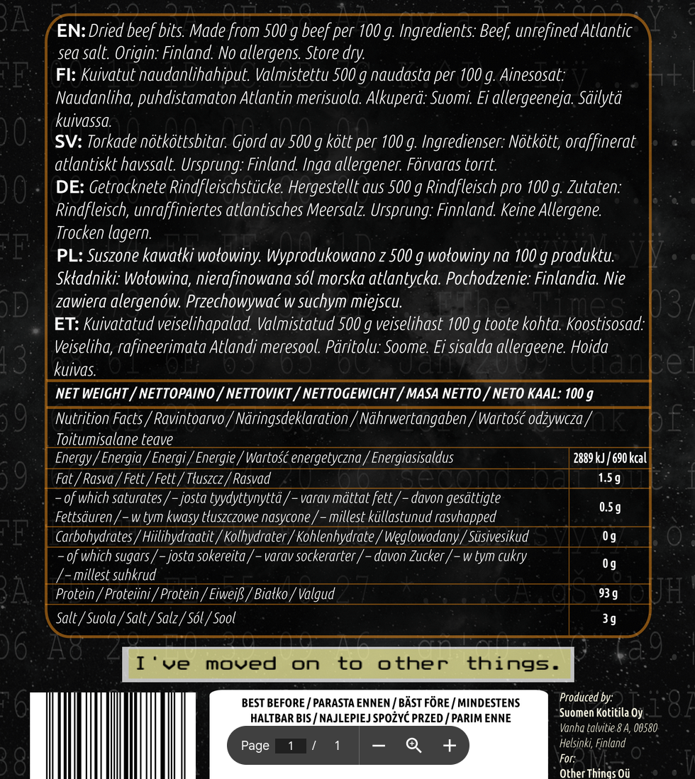 Bitcoin Beef Bits back label showing ingredients and nutrition facts in six languages: English, Finnish, Swedish, German, Polish, Estonian